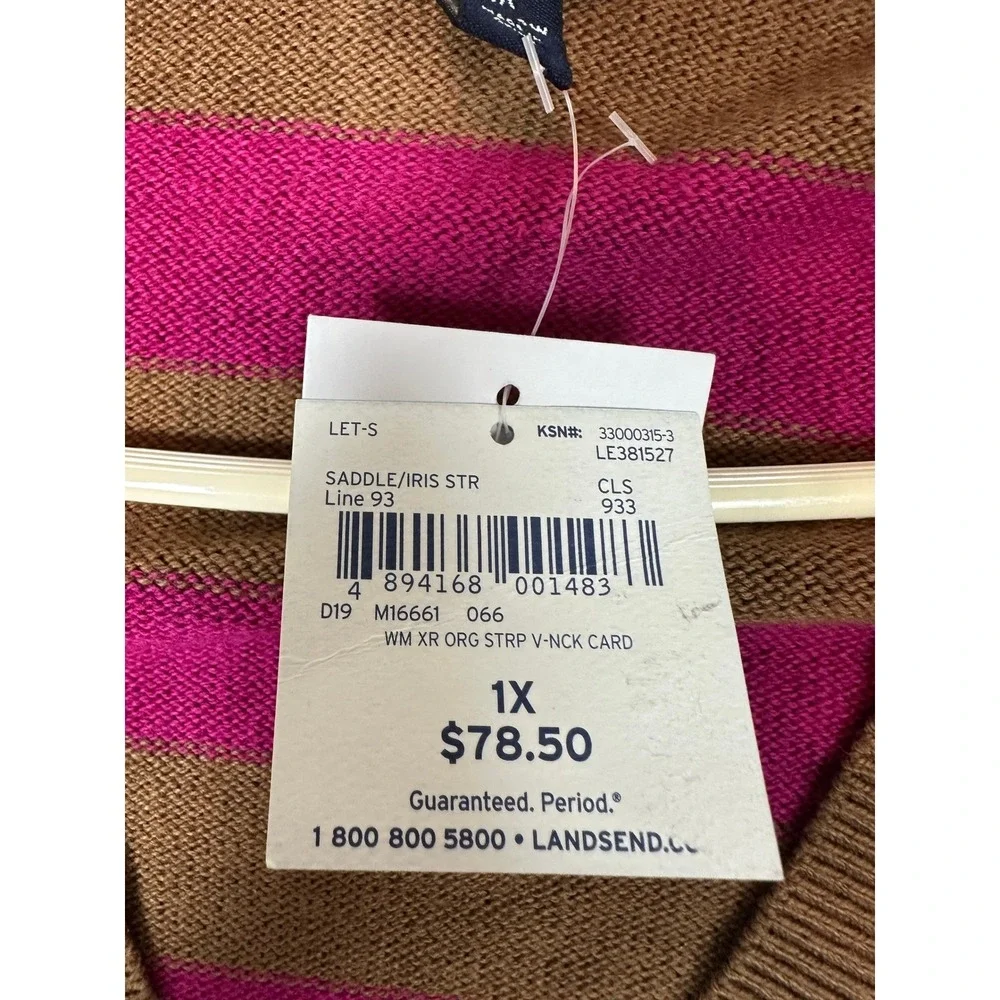NEW Lands' End Womens 1X Striped V-Neck Cardigan Sweater Brown Pink Wool Cotton